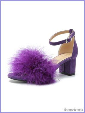 Women's Open Toe Feather Ankle Strap Low Block Chunky Heel Sandals Party Dress